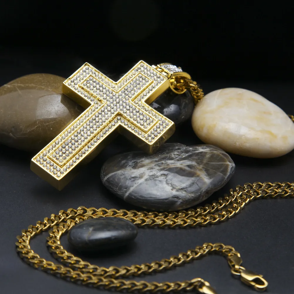 Hommes catholique argent plaqué or croix pendentif collier mode rock style double crucifix pierre claire bijoux chrétiens pour femmes 246E