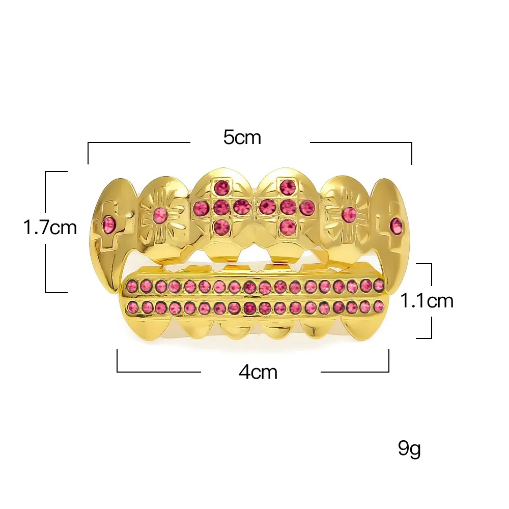 New Gold Plated Iced Out Blue CZ Rhinestone Hip Hop Teeth For Mouth GRILLZ Caps Top & Bottom Grill Set Vampire teeth Jewelry