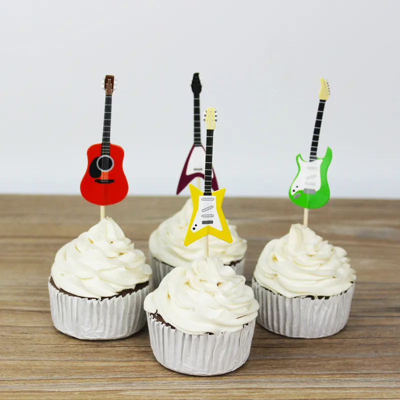 CHICCHIC a Set Colorful Guitar 4 Shapes Cupcake Toppers Cake Picks Decoration with Toothpicks224G