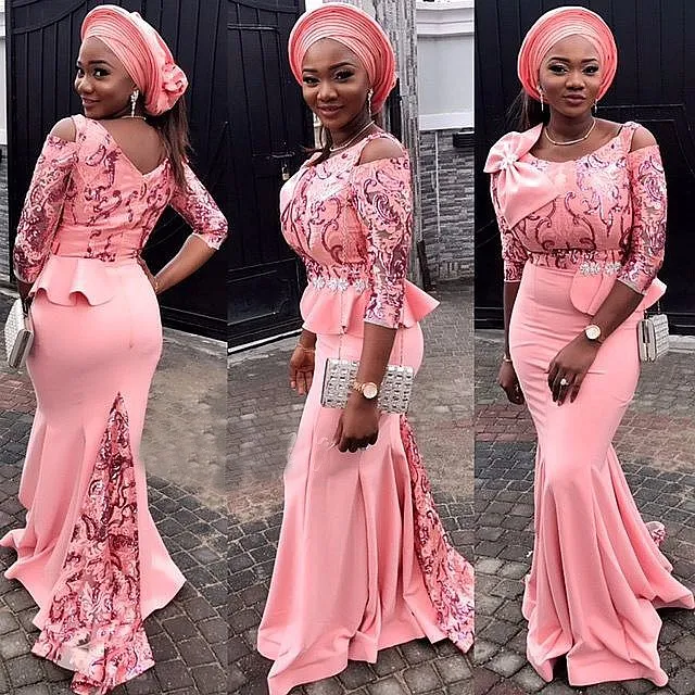 Peach Pink Aso Ebi Evening Dresses Scoop Neckline 3/4 Long Sleeves Prom Gowns With Applique And Bow Peplum Custom Made Formal Dresses