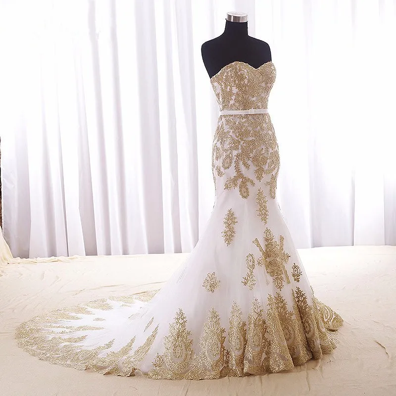 Chaple Train Elegant Wedding Gowns Golden Appliques Lace Wear Long Dress Sweetheart Neck Lace Up Back Cheap Price High Quality Vintage