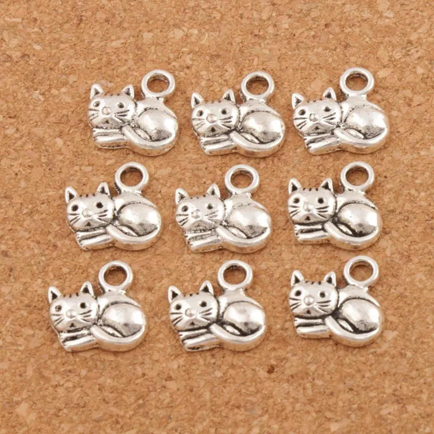 Gato mentiroso espaciador dije cuentas colgantes 200 Uds lote joyería 14x14mm aleación de plata antigua joyería hecha a mano DIY L1153337b