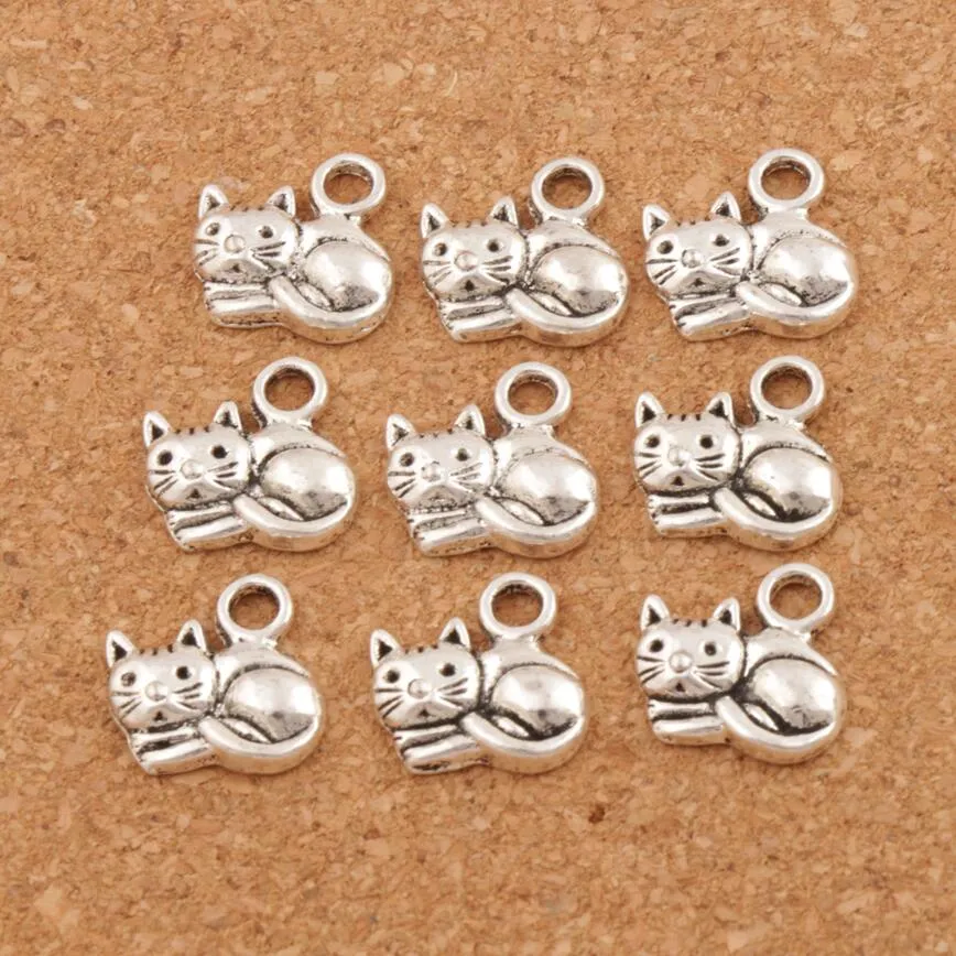 Liegende Katze Spacer Charm Perlen Anhänger 200 Stück Schmuck 14x14 mm Antik Silber Legierung Handgefertigter Schmuck DIY L1153266w