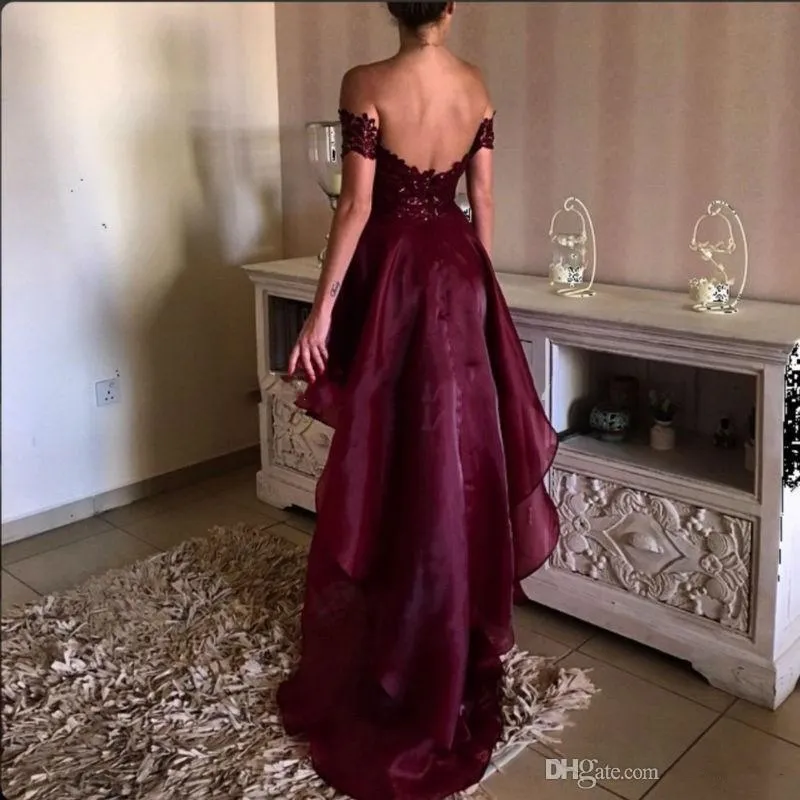 Off The Shoulder High Low Burgundy Evening Dresses Prom Dress 2017 Sexy Backless Lace Evening Gowns Party Dresses Open Back Hi-Lo Prom Gowns