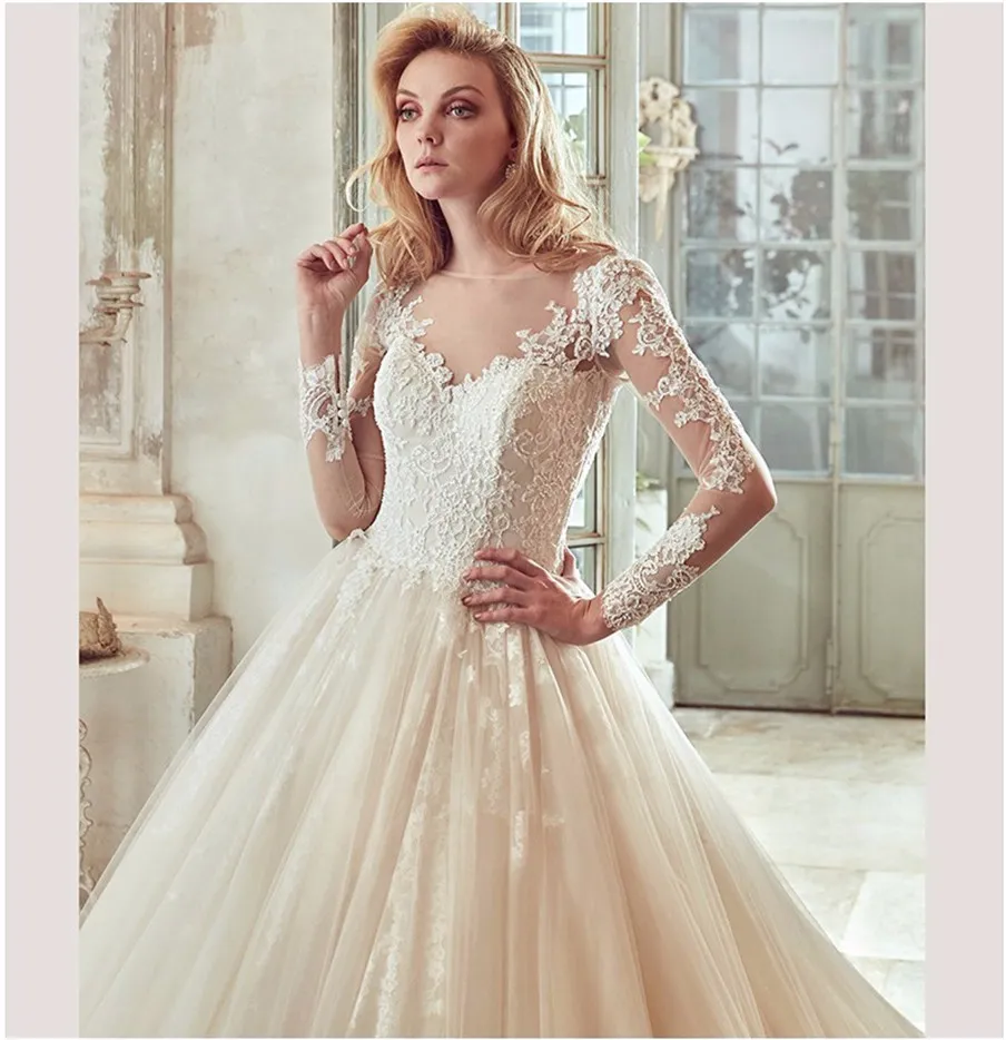 Lace Scoop Neckline 2020 Ball Gown Beaded Applique Puffy Bridal Gowns Long Sleeves Lace Wedding Dresses robe de mariage