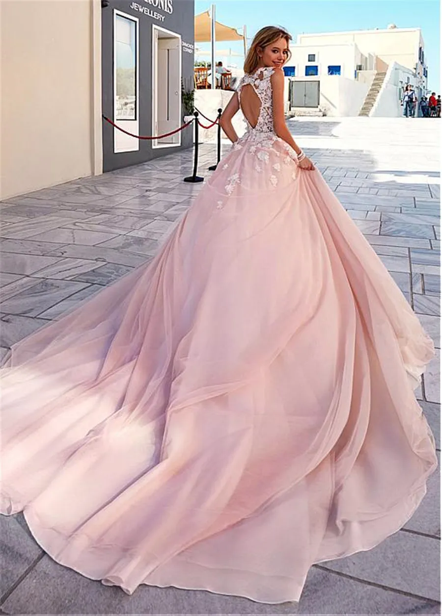 Romantic Tulle V-neck Neckline A-Line Prom Dresses With 3D Beaded Handmade Flowers Applique Pink Bridal Gowns vestido de noiva