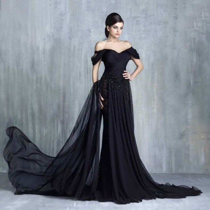 2017 Tony Chaaye Evening Dresses Off Shoulder Black Tiered Ruffe Watteau Train Prom Dresses With Applique Back Zipper Custom Party Gowns