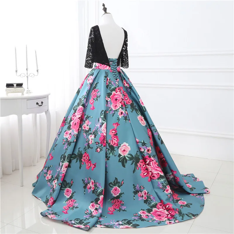 In Stock Two Stones Prom Dresses Print Flowers Ball Gowns Three Quarter Sleeve Lace Top Evening Gowns