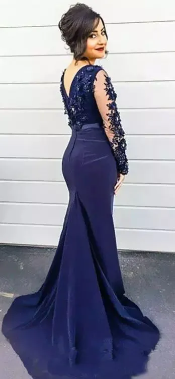 2017 Mermaid Style Evening Dresses Jewel Long Sleeves With Lace Applique Prom Dresses Back Zipper Sweep Train Custom Made Formal Party Gowns