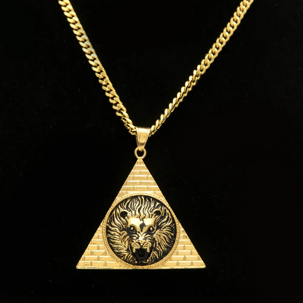 Pyramide égyptienne triangulaire avec pendentifs tête de Lion, en acier titane, couleur or, breloque scintillante pour femmes et hommes, chaîne Hip Hop porte-bonheur 229F