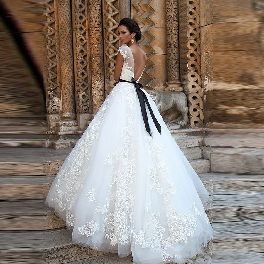 Vestido De Novia A-Line Wedding Dress Illusion Neckline Casamento Lace Bridal Gowns Sexy Backless Black Sash Appliques Wedding Dresses