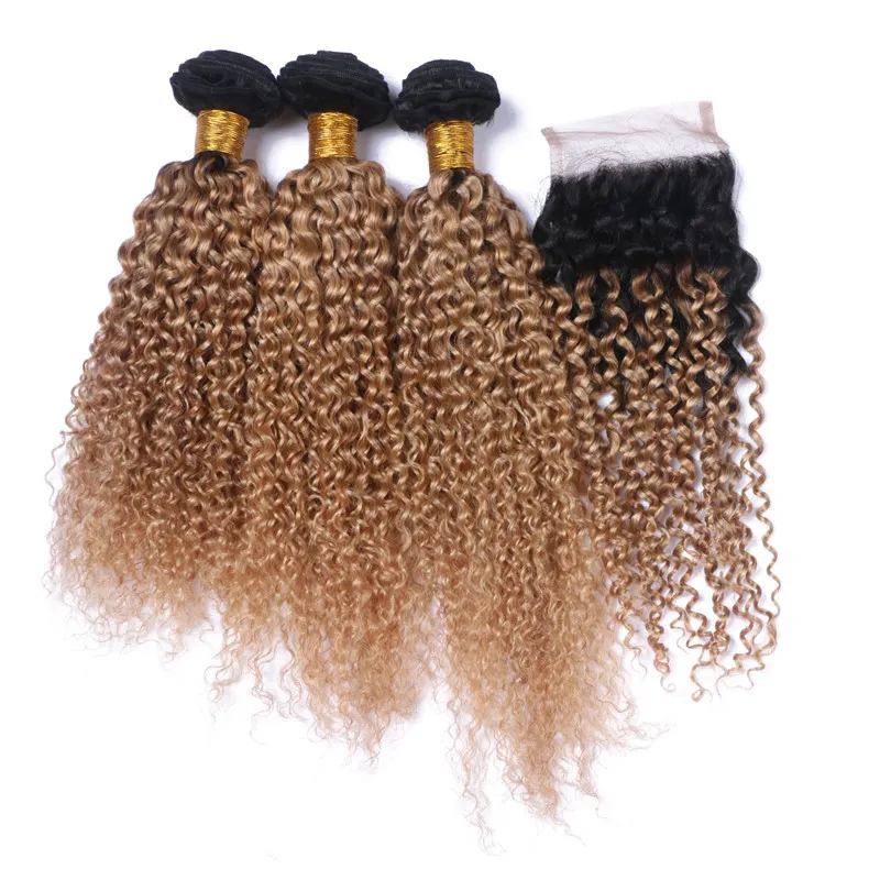 #1B/27 Honey Blonde Ombre Brazilian Virgin Kinky Curly Human Hair Weave Bundles With Dark Roots Light Brown Ombre 4x4 Lace Closure