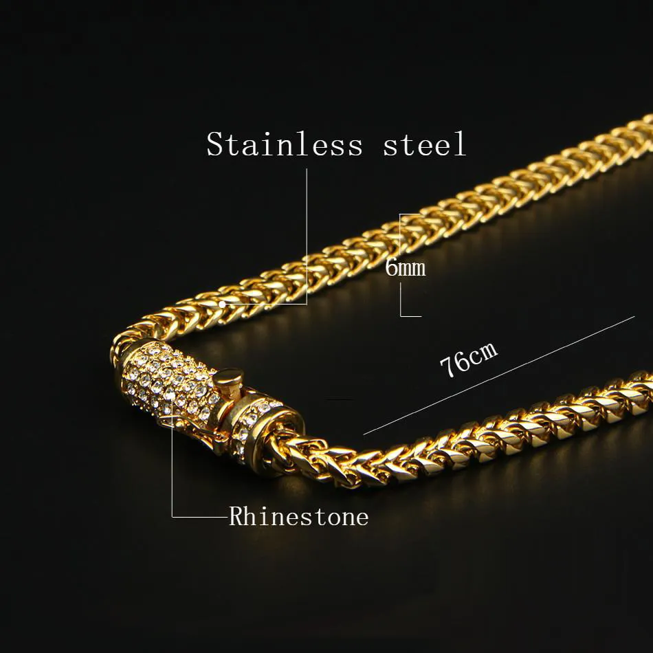 30 Erkek Hip Hop Kolye Buzlu 6mm Altın Paslanmaz Çelik Küba Kutu Zinciri Bağlantı Kolye Rhinestone toka241n