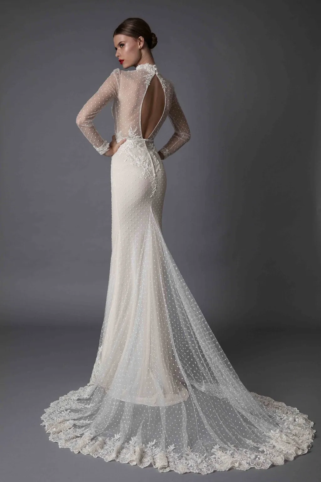 Berta Mermaid Long Sleeve Wedding Dresses Lace Applique High Neck Beads Hollow Back Sexy Illusion Fishtail 2020 Bridal Gowns