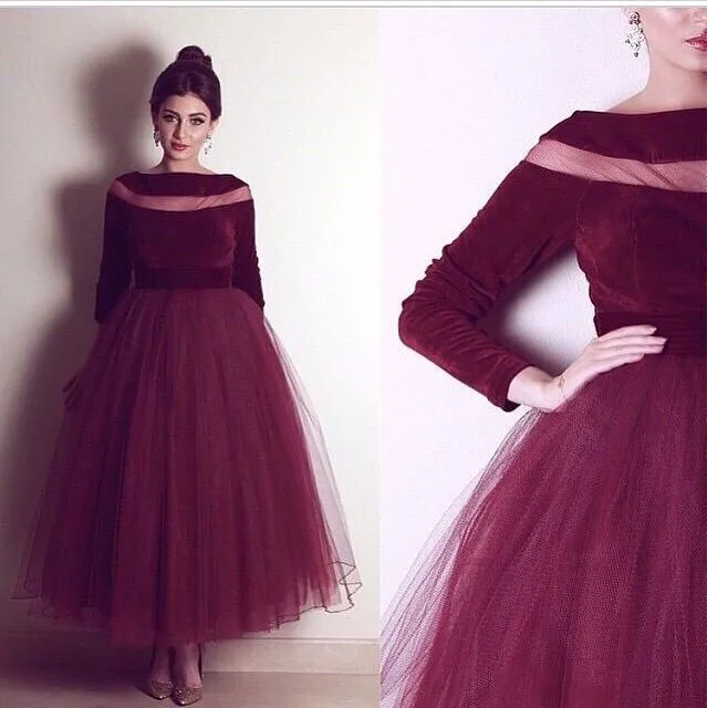 Burgundy Velvet Evening Gown 2019 A-Line Prom Dresses with Long Sleeve Boat Neck Long Formal Pageant Gowns vestidos de noiva Ankle Length