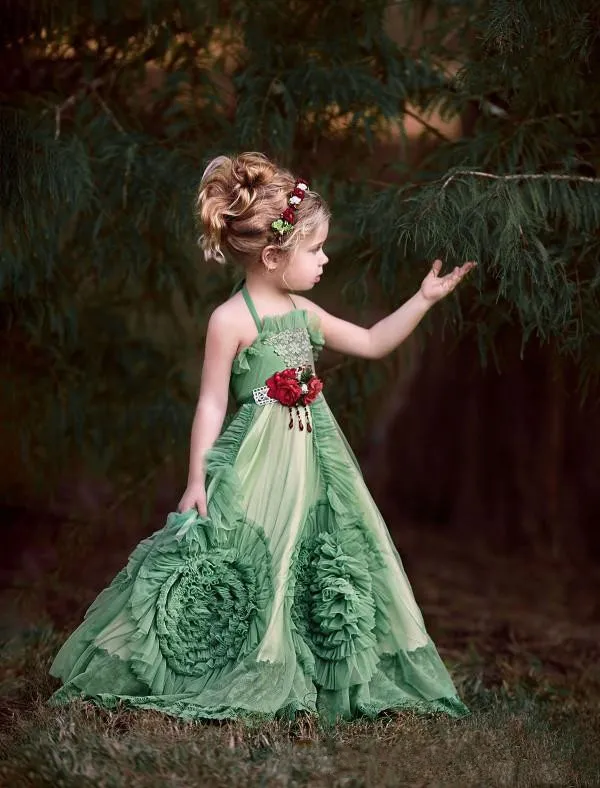 Green Boho Ruffles Flower Girls Dresses For Weddings A-Line Halter Kids Pageant Dress Beach Birthday Party Gowns For First Communion
