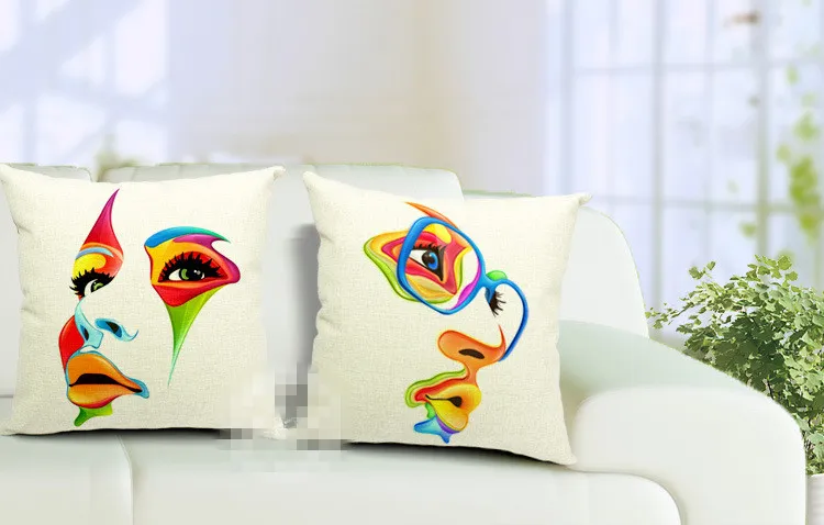 Abstrakte bunte Malerei Frauen Gesicht Leinen Kissenbezug Kissenbezug Home Art Decor Almofadas 18 18 Zoll Coussin Schlafzimmer Sofa Deco272C