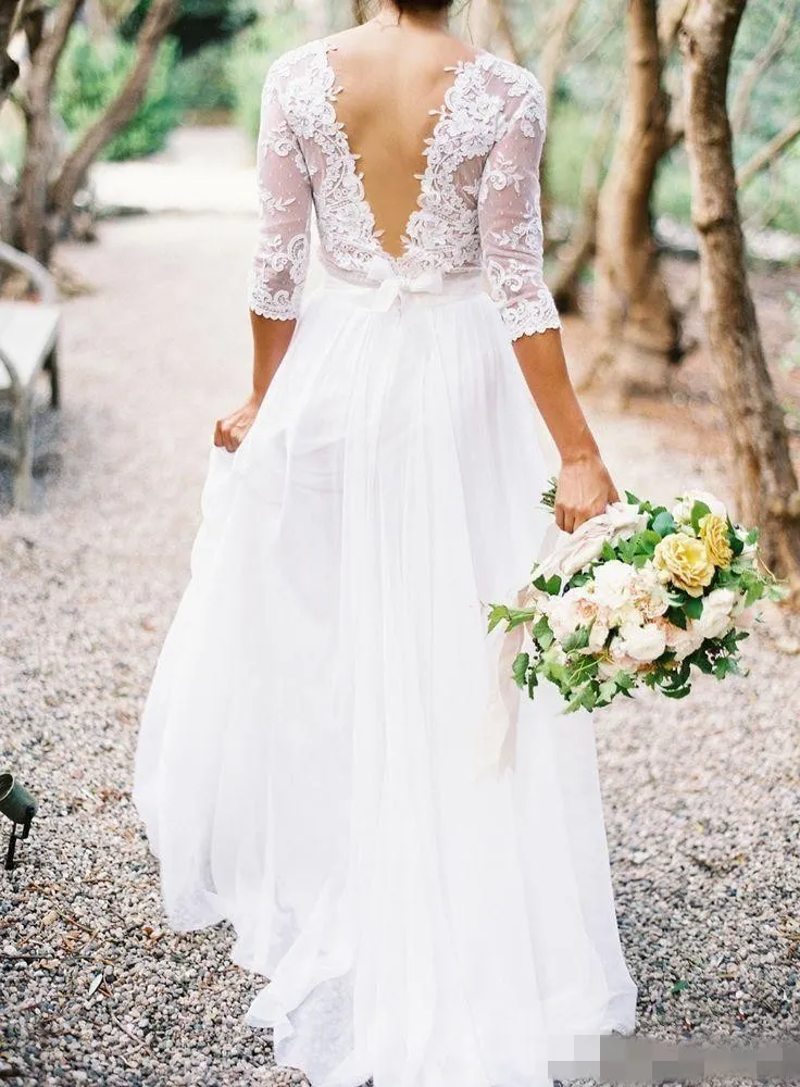 2019 preiswerte Spitze mit V-Ausschnitt Hochzeit Backless Zurück 3 4 Langarm-Land-Art-Brautkleider Plus Size Sash Brautkleider