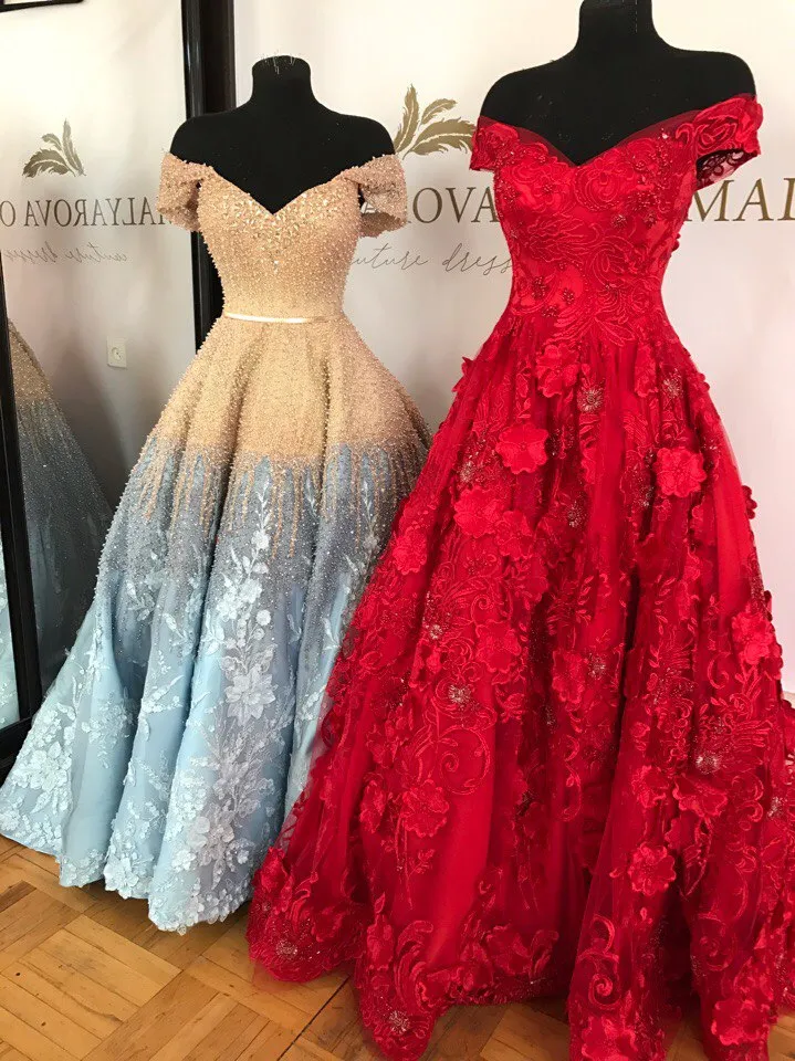 Charming Red Lace Formal Dresses Evening Wear Off The Shoulder Floral 3D Appliques Evening Gowns A-Line Floor Length Tulle Beaded Prom Dress