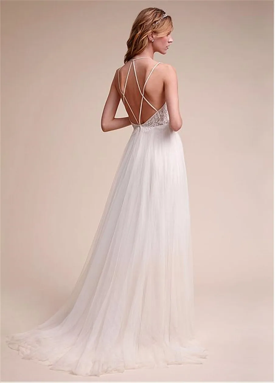 Charmeuse Spaghetti Straps A-Line Wedding Dresses With Lace Appliques Open Back Elegant Tulle Bridal Dress vestidos de casamento