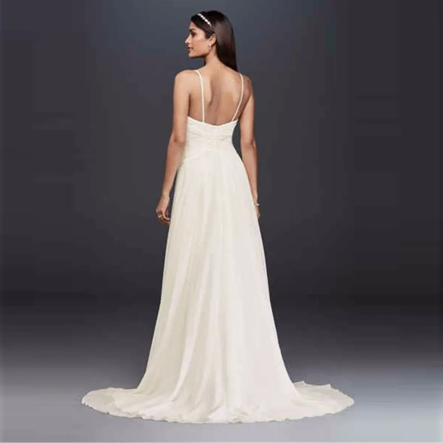NEW! Ruched Bodice Chiffon A-Line Wedding Dress Custom Made Spaghetti Strap Floor Length Bridal Dresses WG3856