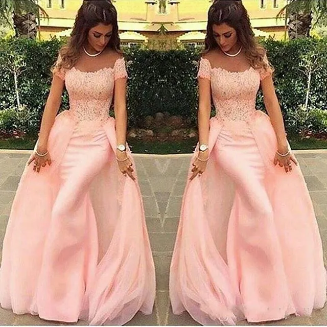 Cheap Arabic Scoop Neck Evening Dresses Wear Illusion Lace Appliques Pink Mermaid Short Sleeves Overskirts Formal Party Dress Prom Gowns