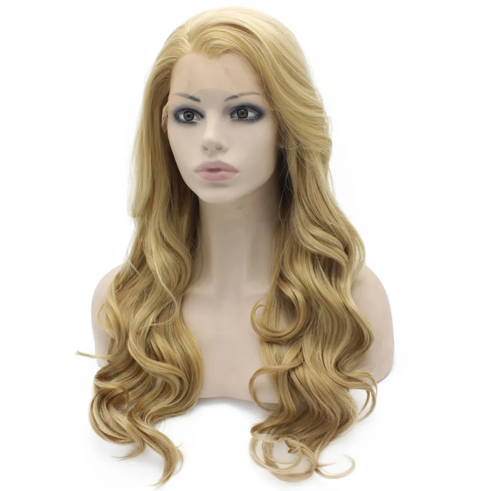 Long Wavy Ash Blonde Hand Tied Lace Front Synthetic Hair Wig