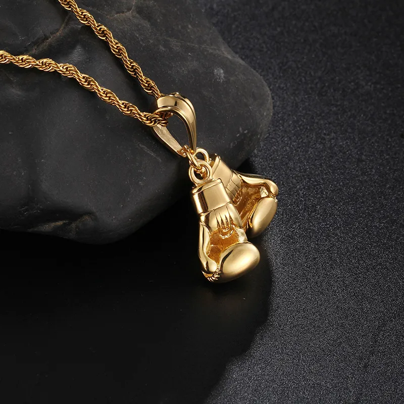 Cadeaux charmants Gold Biker en acier inoxydable Double boxe Gants pendentif collier de fitness pour hommes 4 mm 22 chaîne corde266x