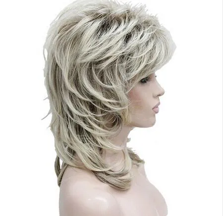16 inch Lady Women Blonde With Dark Root Medium Length Cascaded Layers Synthetic Hair Full Wig