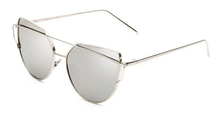 Moda kadın kedi göz güneş gözlükleri düz lens ayna marka tarzı metal çerçeve büyük boy yansıtıcı güneş gözlükleri 260y