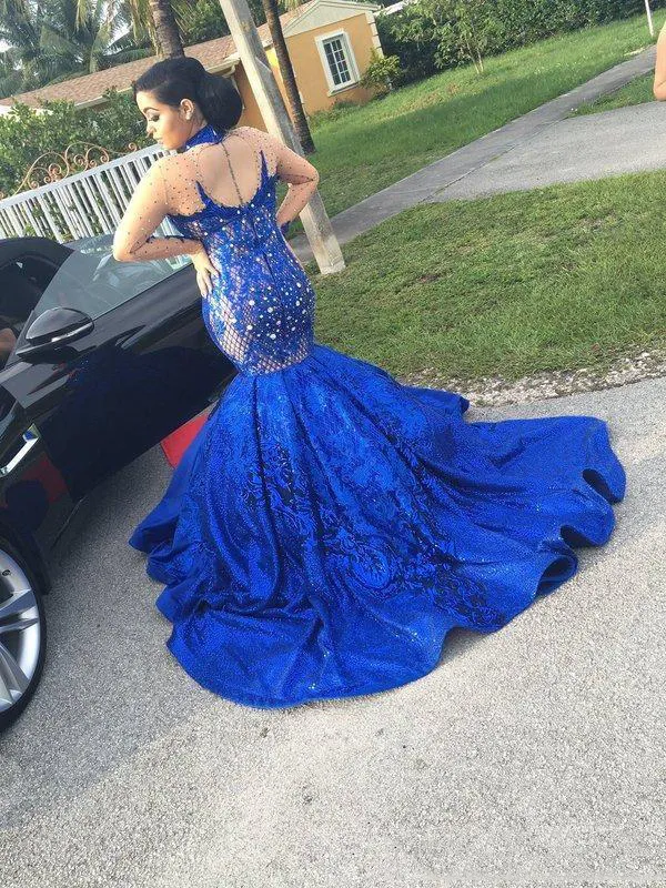 2017 Royal Blue Mermaid Evening Dresses High Neck Long Illusion Sleeves Beaded Prom Gowns With Applique Back Zipper Custom Made Party Gowns