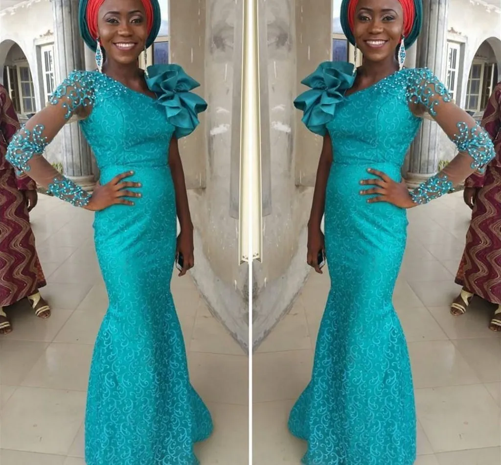 Turquoise Long Aso Ebi Evening Dresses With One Long Sleeves Beaded Red Carpet Dresses With Big Shoulder Flowers Custom Made Party Gowns