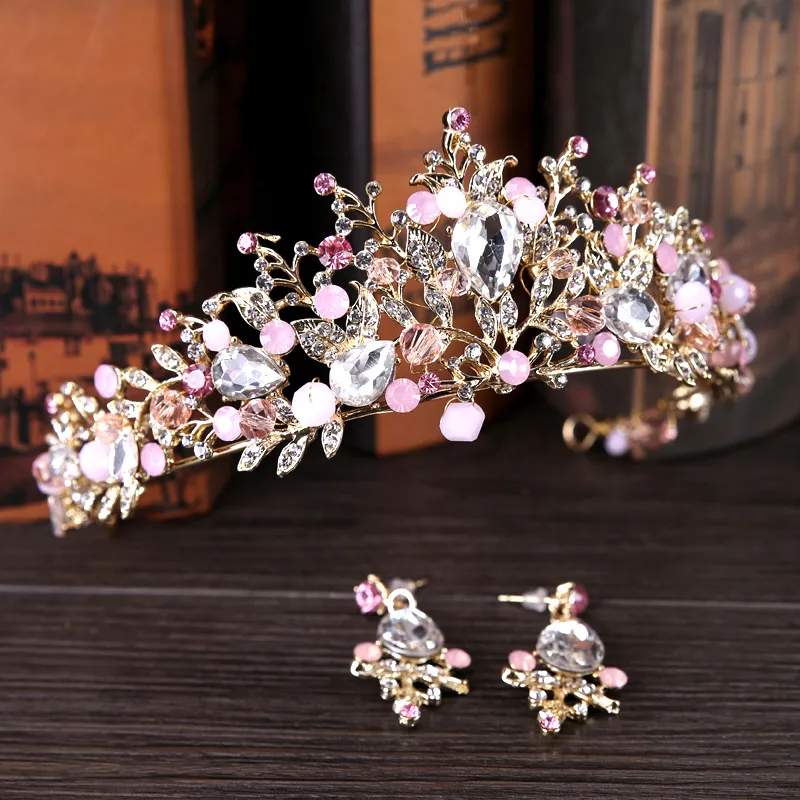 Squisiti orecchini di diadema da sposa con perline di cristallo fatti a mano Prom Quinceanera Pageant Orecchini con corona di nozze Set tre colori Oro rosa302w