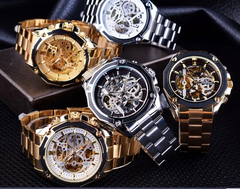 Forsining Steampunk Gear Design Transparante behuizing Automatisch horloge Goud roestvrij staal Skeleton Luxe herenhorloge Topmerk luxe W249z