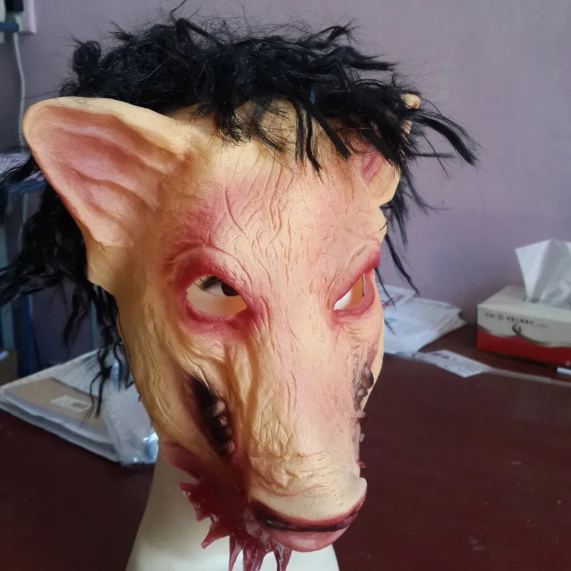 Máscaras de festa Whole-Scary Roanoke Pig Máscara Adultos Rosto Cheio Animal Látex Halloween Horror Masquerade com Cabelo Preto H-0061264E