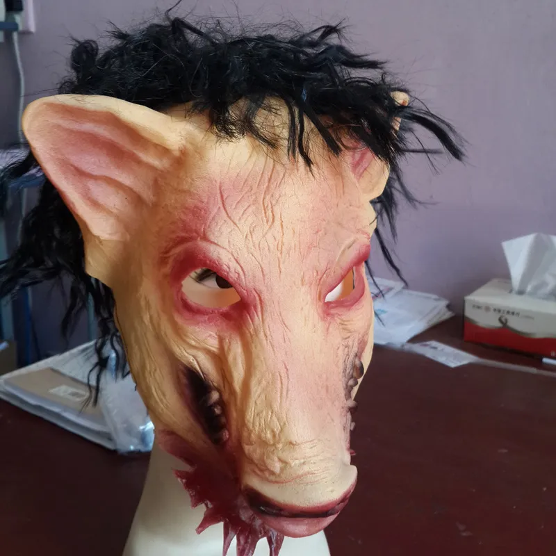 Masques de fête Masque de cochon Roanoke effrayant pour adultes, masque complet en latex d'animaux, mascarade d'horreur d'Halloween avec cheveux noirs H-0061253Y