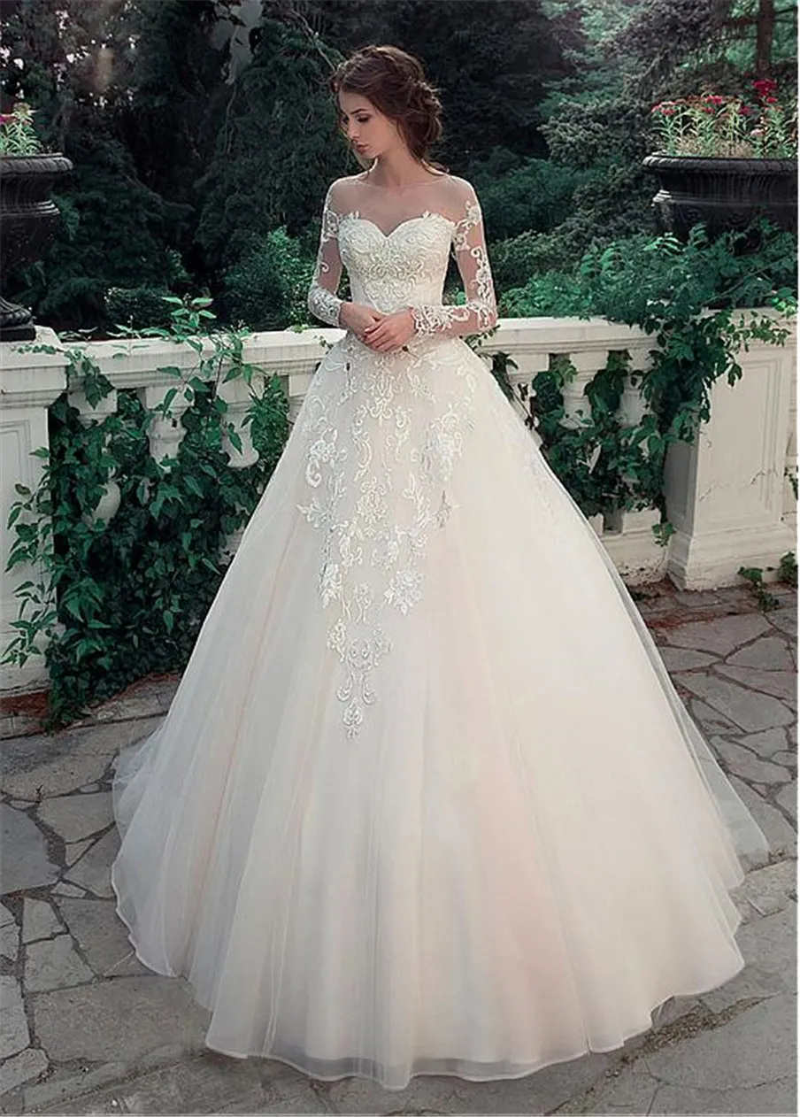 Glamorous Tulle Satin Bateau Neckline A-Line Wedding Dresses With Lace Appliques Long Sleeves Bridal Dress vestido de noiva