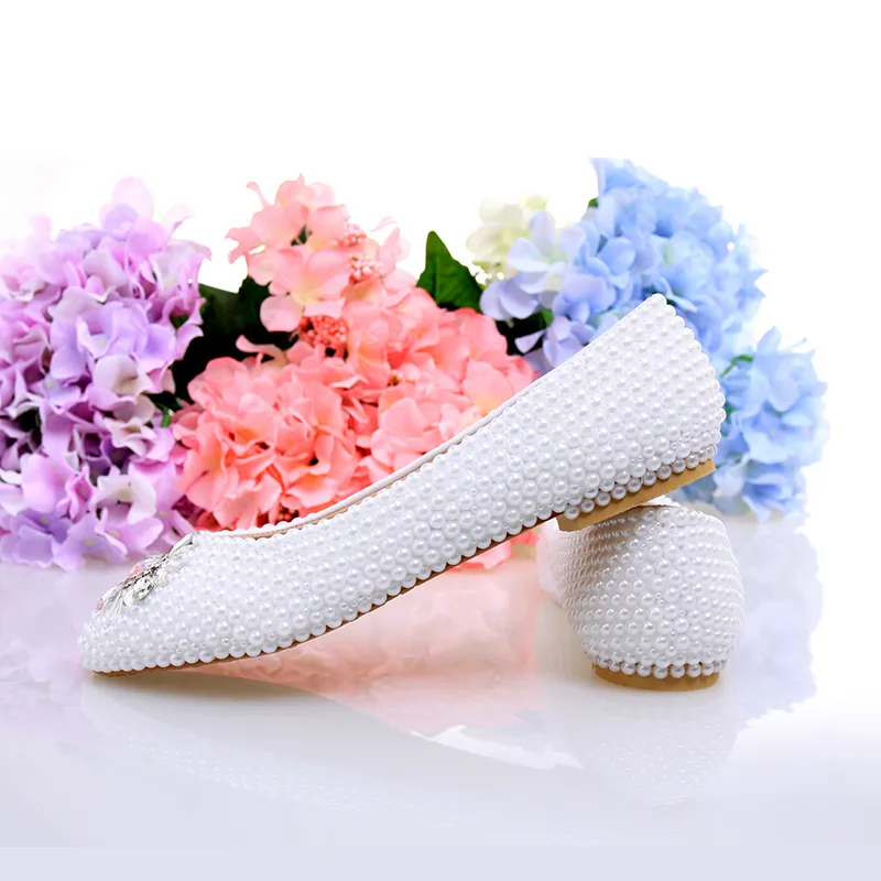 Blancs Perle Flat Talons Chaussures de mariage confortables Chaussures de demoiselle d'honneur Bride Robe formelle Flats Part Prom Dancing Chaussures 292C