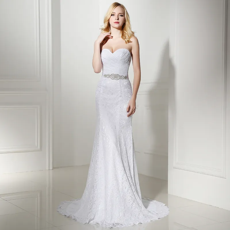 Pleat Bridal Wedding Gown White/Ivory Lace Cheap Mermaid Wedding Dress Vintage Sash Bride Dress vestido De noiva Belt
