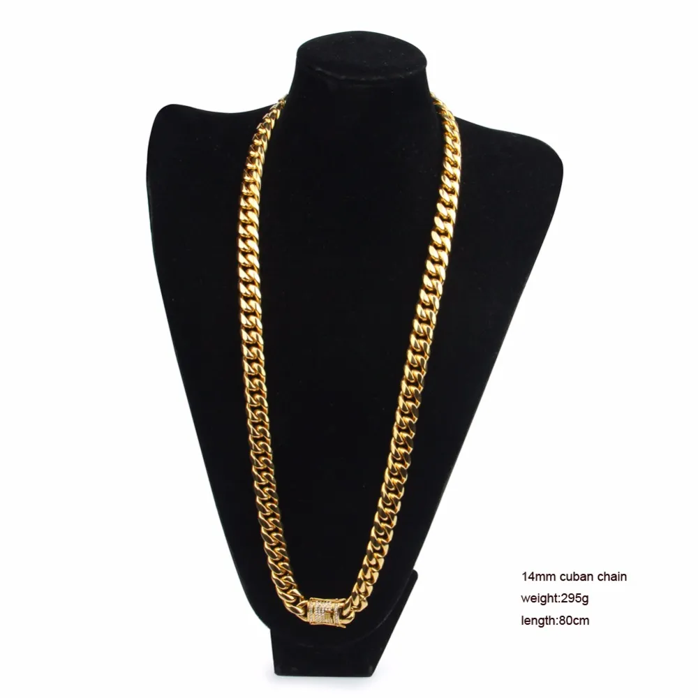 14mm Men Cuban Miami Link Bracelet Chain Set Rhinestone CZ Clasp Stainless Steel Gold Hip Hop Necklace Chain Jewelry Set300r