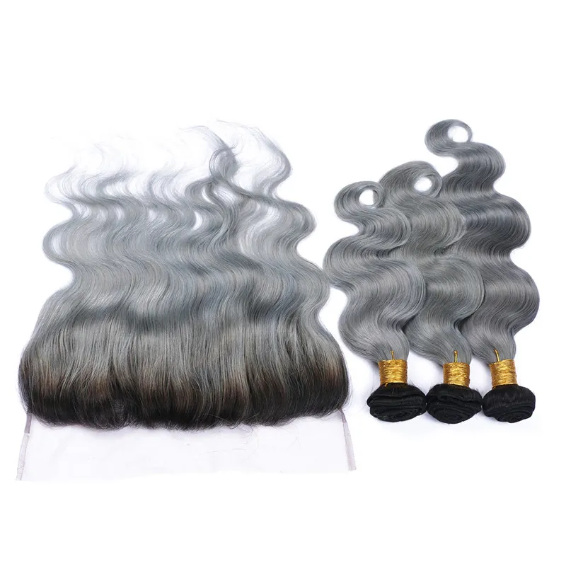 #1B/Grey Ombre Brazilian Virgin Hair 3Bundles With Frontal Dark Roots Silver Grey Ombre 13x4 Lace Frontal With Body Wave Human Hair Wefts