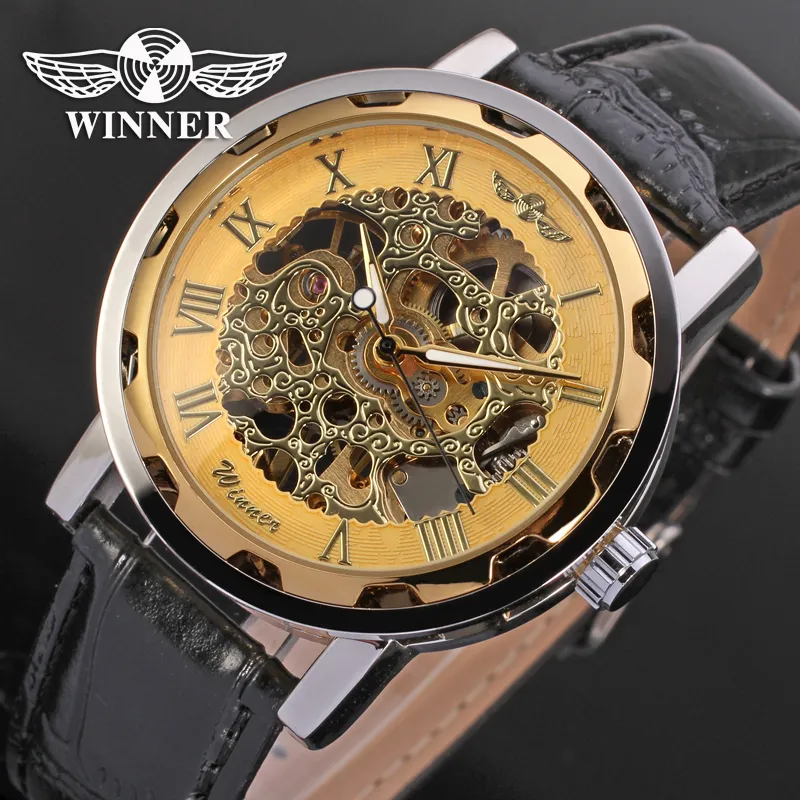 Vinnare Fashion Gold Black Roman Number Dial Luxury Design Clock Mens Watch Top Brand Cool Mechanical Skeleton Male Wrist Watches230p