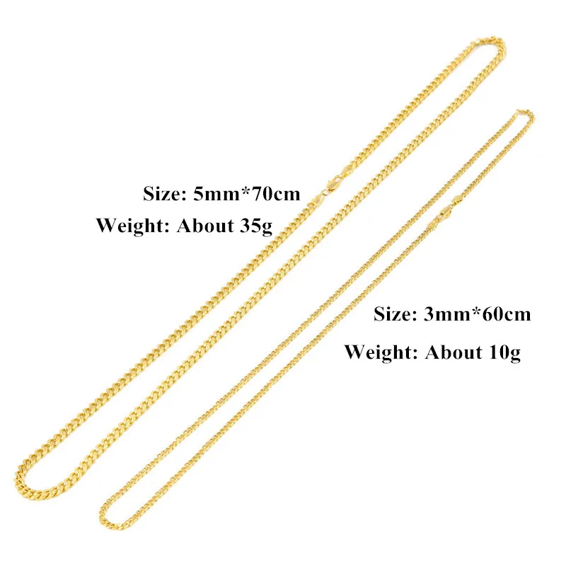 Mode 3mm 5mm 60 cm 70 cm män rostfritt stål gult guld vitt guld pläterat hiphop kubansk länk kedja unisex halsband för män kvinnor 266i