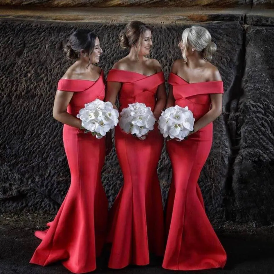 Red Mermaid Country Bridesmaids Dresses Off The Shoulder Long Wedding Guest Dress Satin Sweep Train Cheap Maid Of Honor Gowns