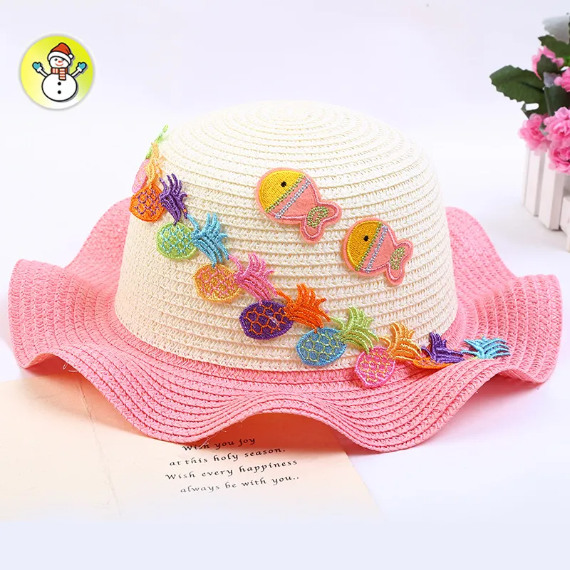 Летняя соломенная шляпа с вышивкой фруктов и рыбок для детей, пляжные шляпы от солнца для путешествий на открытом воздухе, куполообразная кепка для мальчиков и девочек KIDS-9 Whole267Y