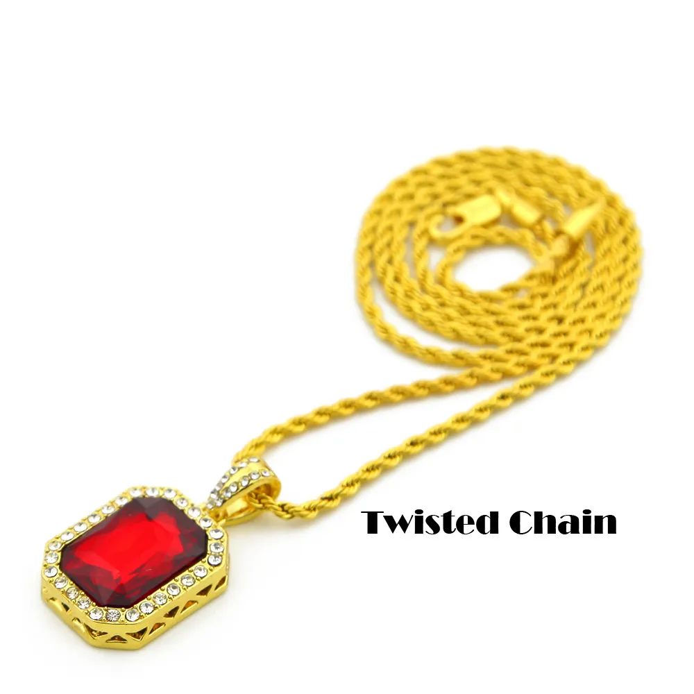Black/Red/Blue/Green Gemstone Pendants Twisted Chain Necklace Men Women Mini Ruby Hip Hop Jewelry Iced Out