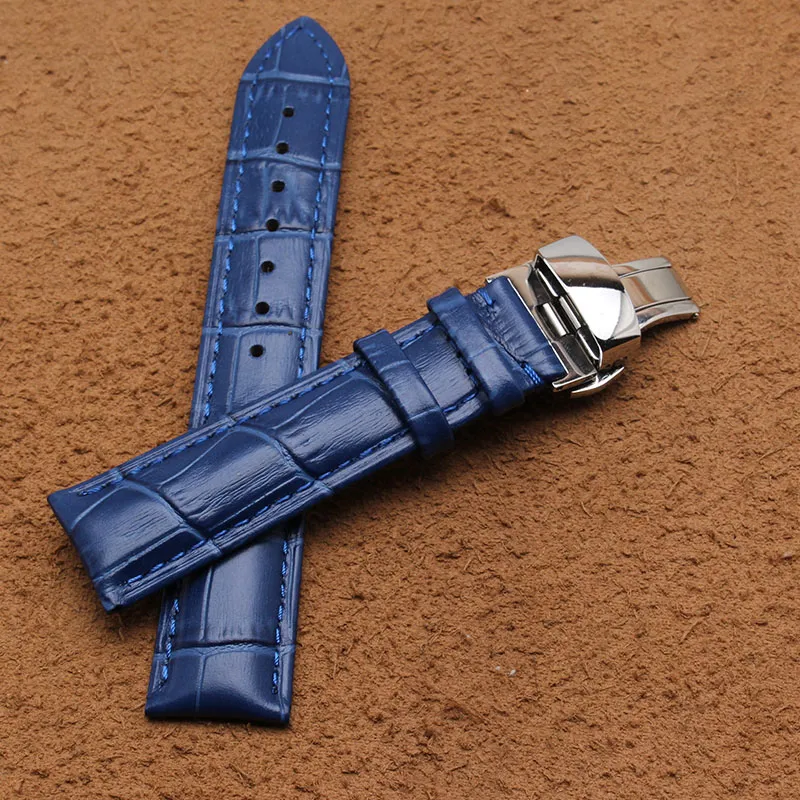 Pulseiras de couro de vaca pulseira de relógio prata aço inoxidável fivela de metal borboleta implantação pulseiras azuis para homens 14 16 18mm2334