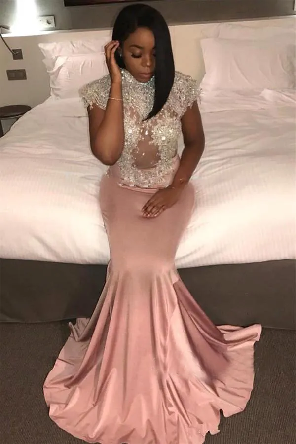 Fancy Dirty Pink Evening Dresses Jewel Short Capped Sleeves With Applique Beaded Mermaid Style Prom Gowns Back Zipper Formal Dresses 2017