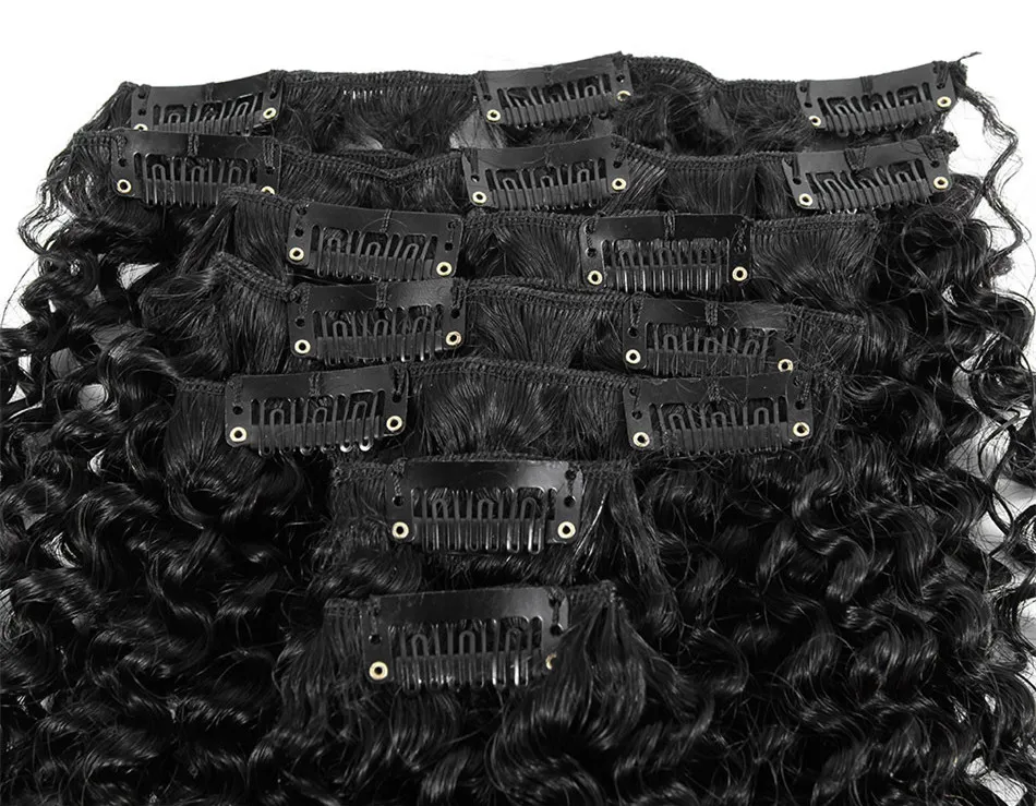 African American Afro Kinky Curl Clip In Hair Extensions 16 Clips Peruvian Human Hair Natural Black Kinky Curly Clip In Hair Extensions