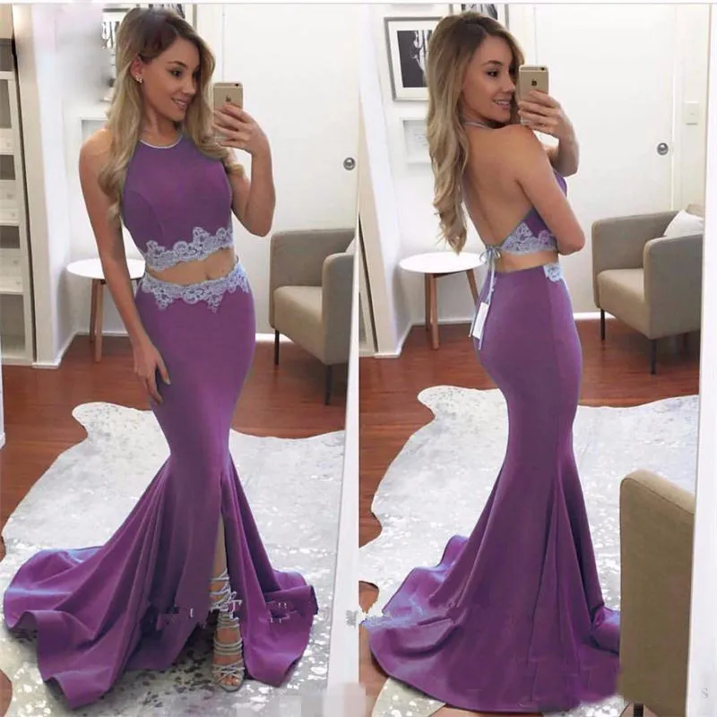 Two Pieces Prom Dresses Jewel Sleeveless Evening Dresses Backless Mermaid Peplum Split With Lace Applique Custom Made Formal Party Gowns